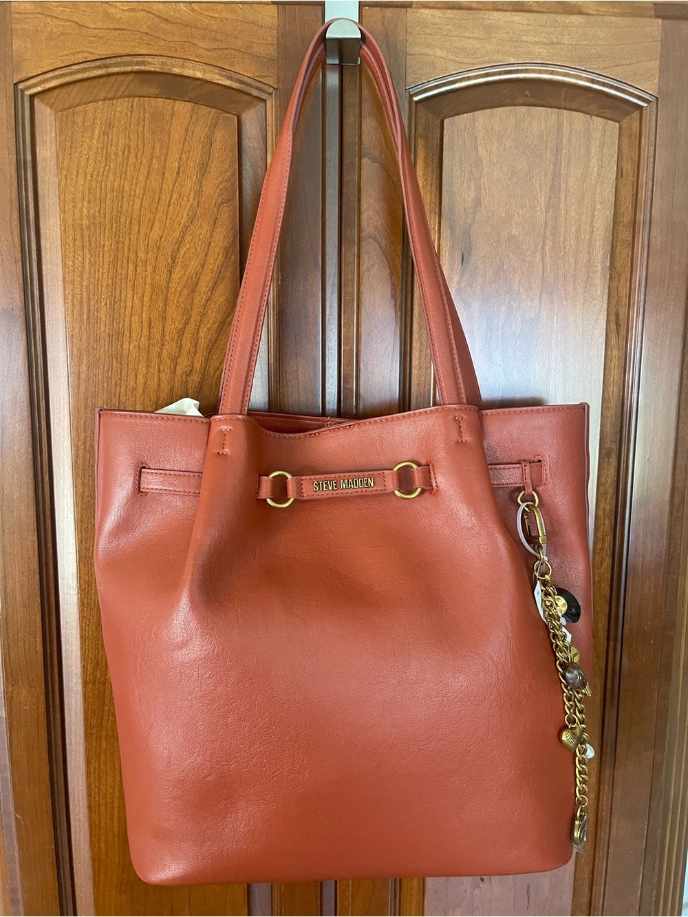 Steve Madden Rust Orange Leather Tote with Chain Charm